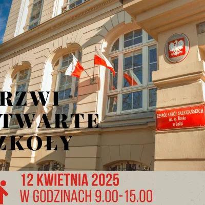Budynek szkoły z datą najbliższych drzwi otwartych 12.04.2025. 