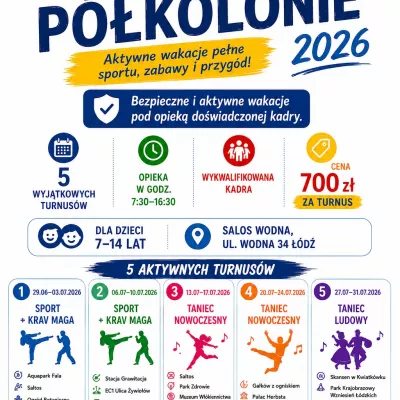 Plakat przedstawiający ofertę półkolonii letnich przygotowanych przez SL Salos-Wodna 