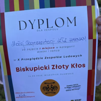 Dyplom za zajęcie I miejsca na X Przeglądzie Zespołów Ludowych o Biskupicki Złoty Kłos