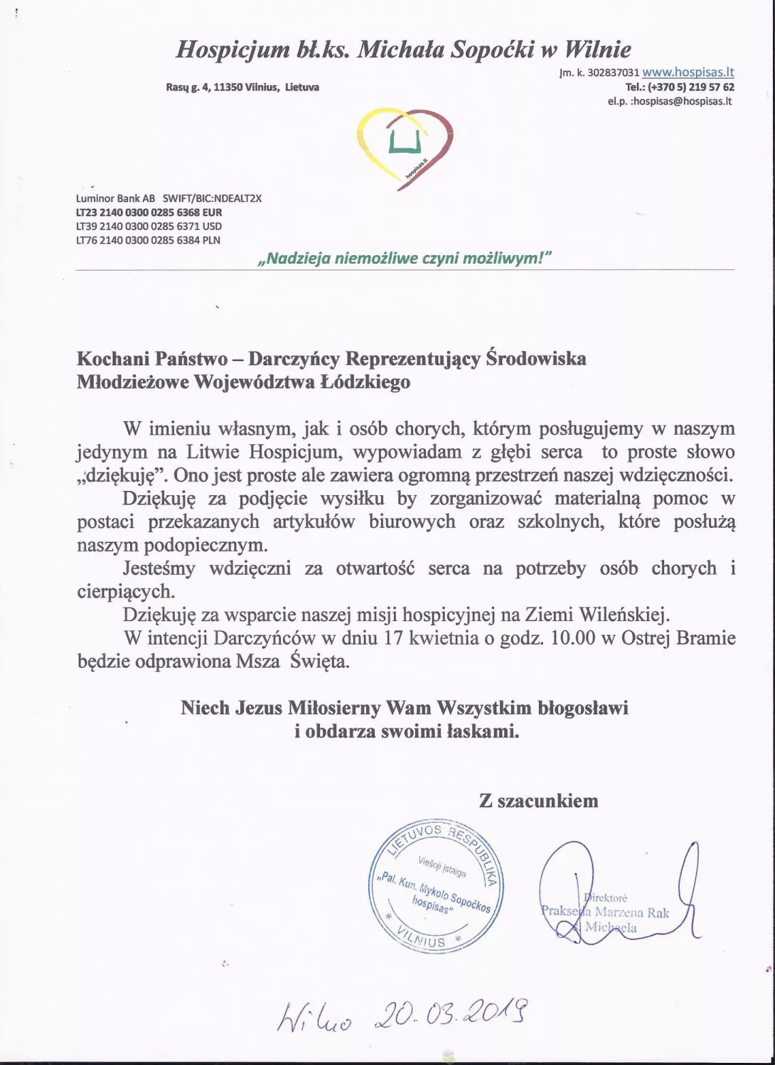 Podziękowanie z Wilna