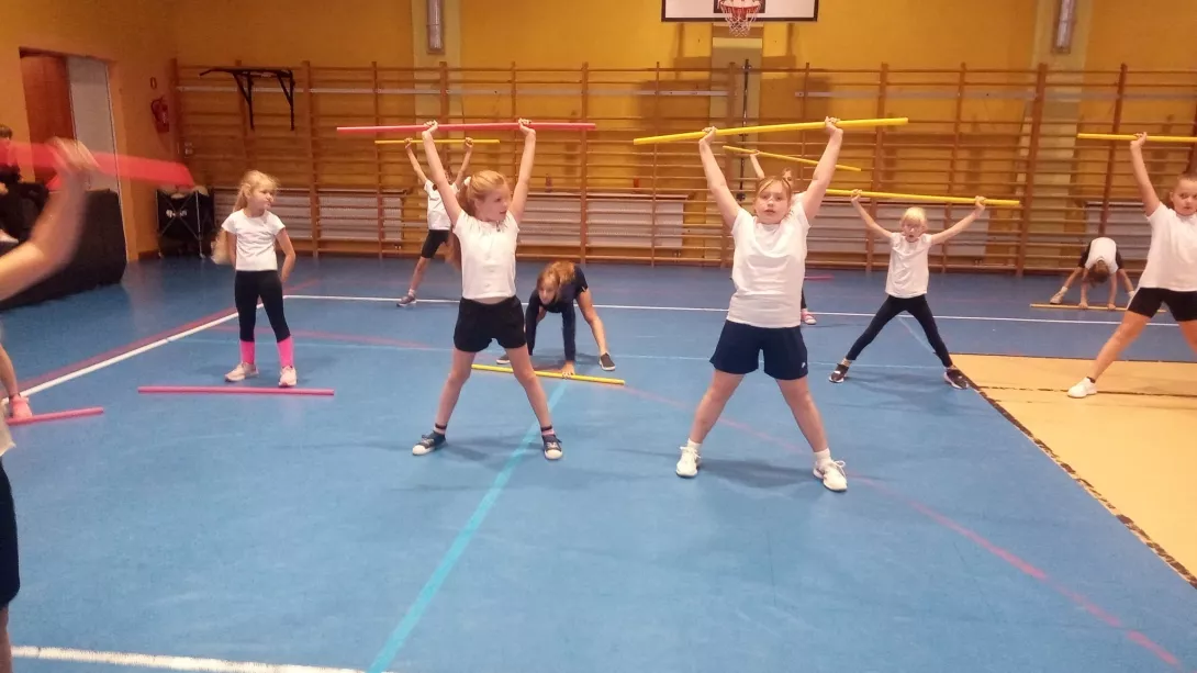 Uczniowie ćwiczący w czasie zajęć sportowych z elementami gimnastyki korekcyjno-kompensacyjnej (fot. Marek Cygan).