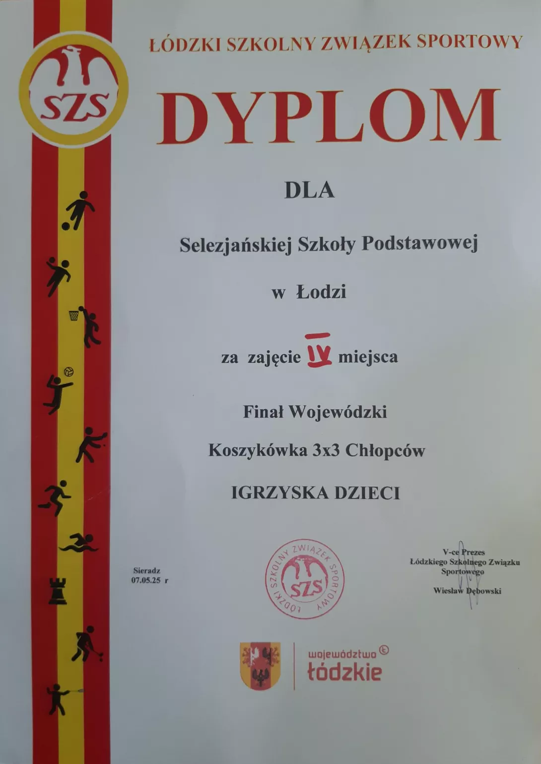 Dyplom za zajęcie IV miejsca w Finale Igrzysk Dzieci w koszykówce 3x3 chłopców, klas 4 - 6