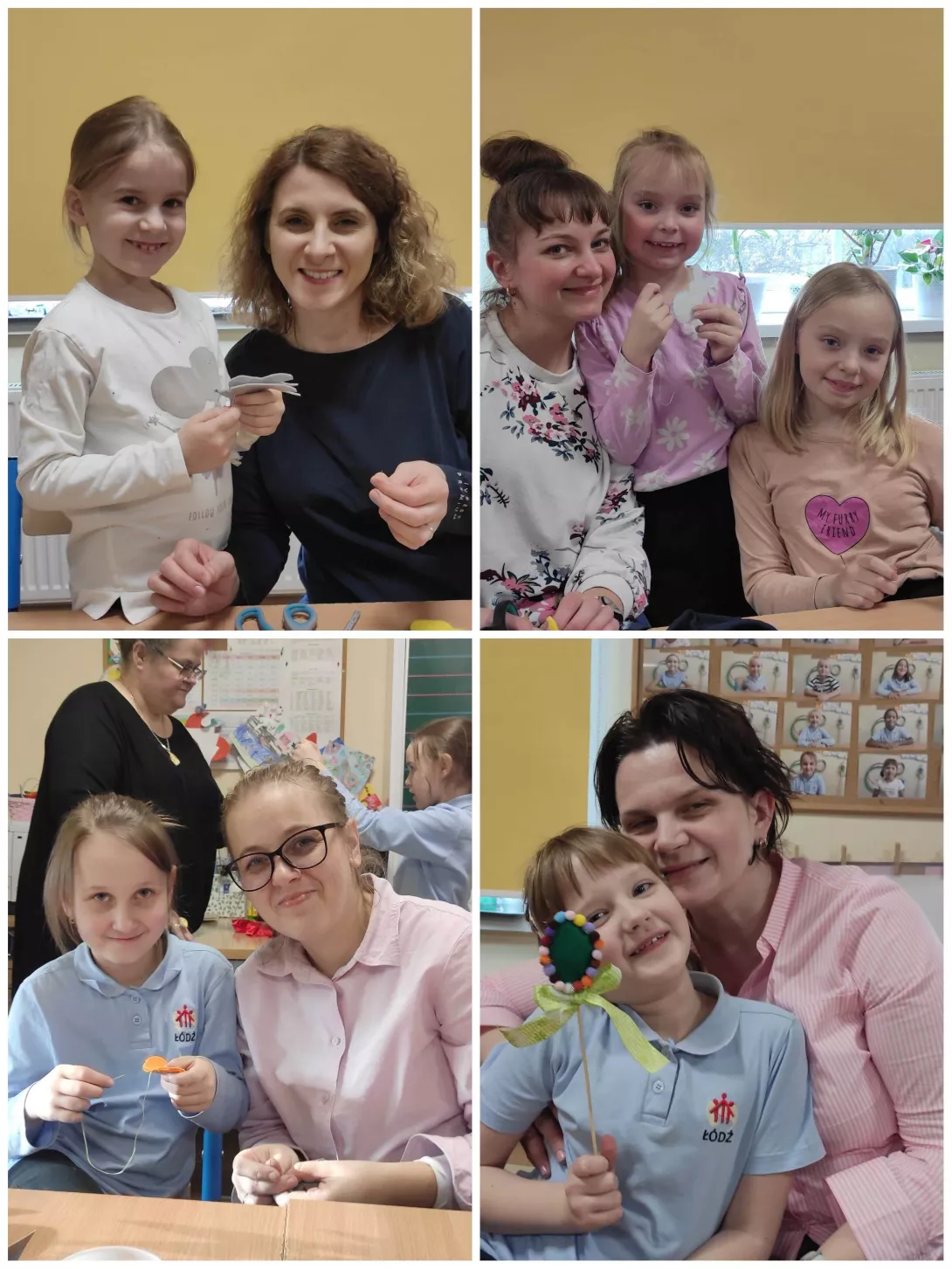 Kolaż fotografii uczennic klasy 1a w towarzystwie swoich mam podczas warsztatów wielkanocnego rękodzieła