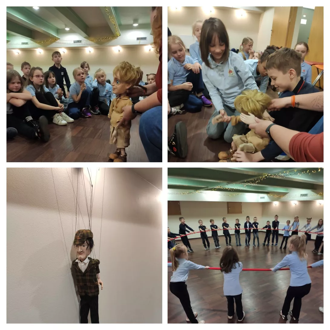 Dzieci z klas 1a i 1b podczas warsztatów teatralnych w Teatrze Arlekin w Łodzi