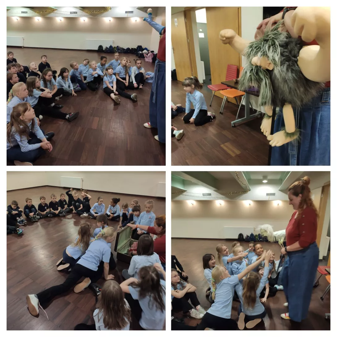 Dzieci z klas 1a i 1b podczas warsztatów teatralnych w Teatrze Arlekin w Łodzi