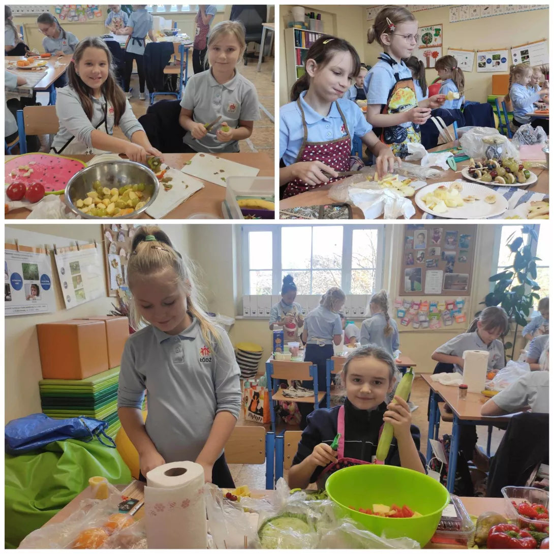Uczennice klasy 2a SSP przygotowujące swoje jesienne przekąski z warzyw i owoców