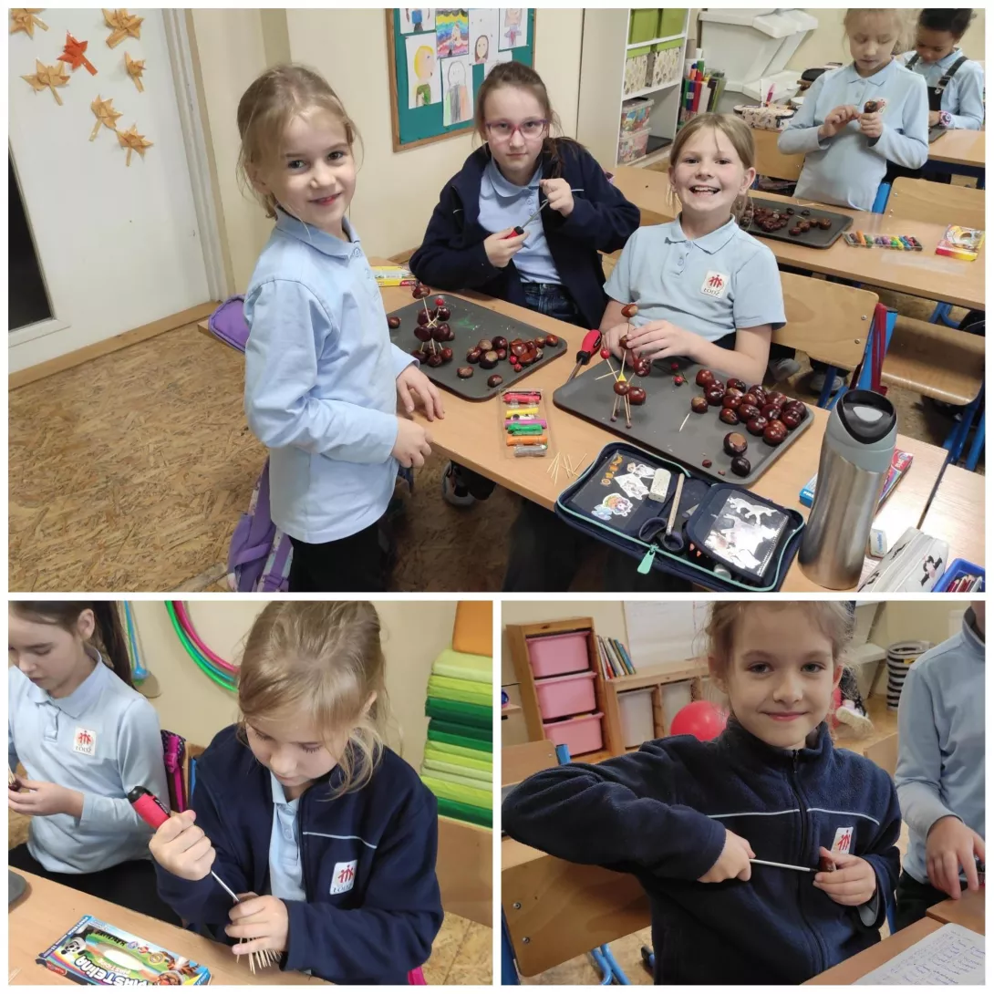 Dziewczyny z klasy 2a SSP w czasie pracy nad swoimi kasztankowymi ludzikami i zwierzakami