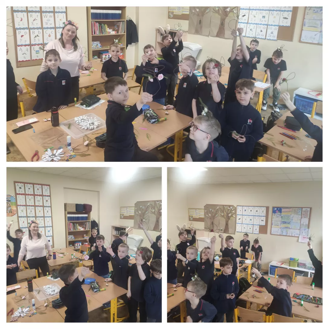 uczniowie klasy 1b z wykonanymi zajączkami