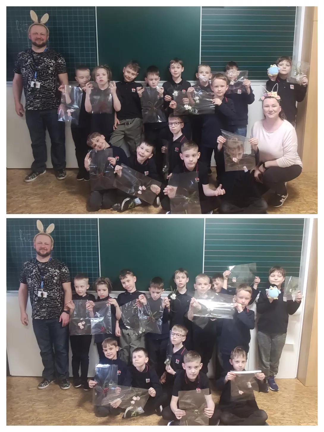 uczniowie klasy 1b z wykonanymi zajączkami