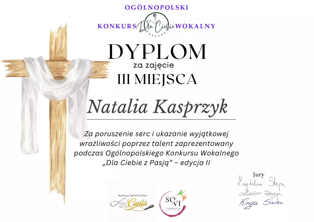 Dyplom dla Natalii Kasprzyk z klasy 8a, która zajęła III miejsce w II Ogólnopolskim Konkursie online „Dla Ciebie z Pasją”.