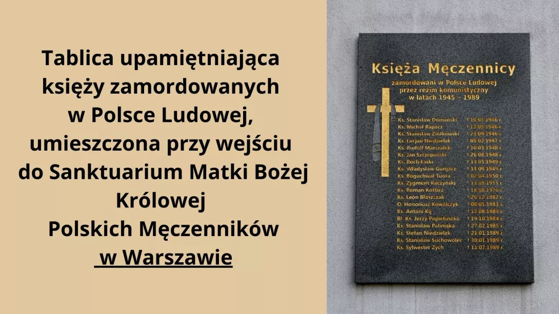 Tablica upamiętniająca księży zamordowanych w Polsce Ludowej, umieszczona przy wejściu do Sanktuarium Matki Bożej Królowej Polskich Męczenników w Warszawie