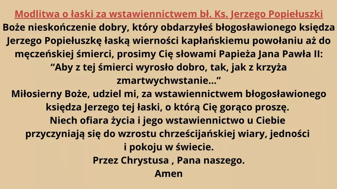 Modlitwa o łaski za wstawiennictwem Bł. Ks. Jerzego Popiełuszki