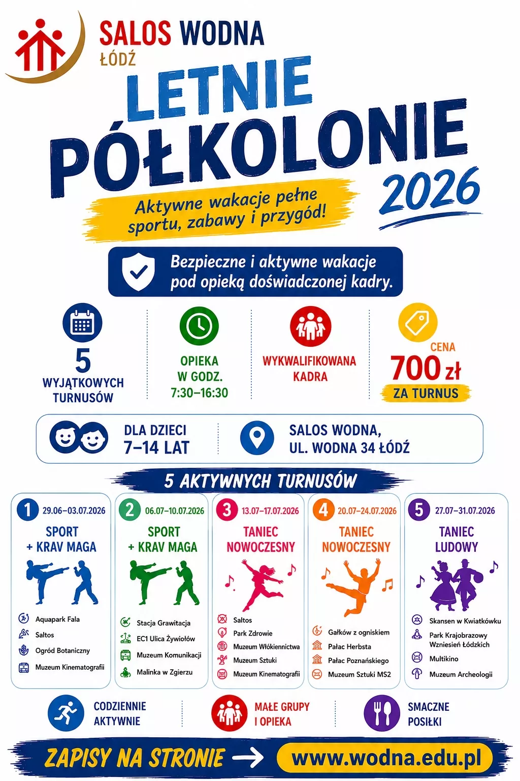 Plakat przedstawiający ofertę półkolonii letnich przygotowanych przez SL Salos-Wodna